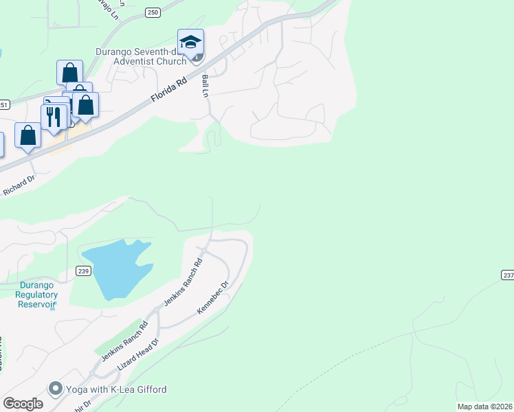 map of restaurants, bars, coffee shops, grocery stores, and more near 99 Jenkins Dr in Durango