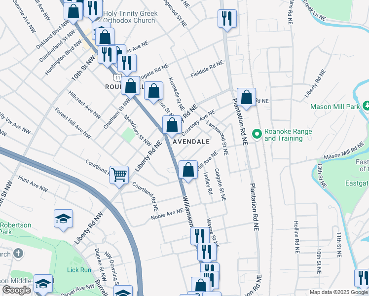 map of restaurants, bars, coffee shops, grocery stores, and more near 126 Avendale Avenue Northeast in Roanoke