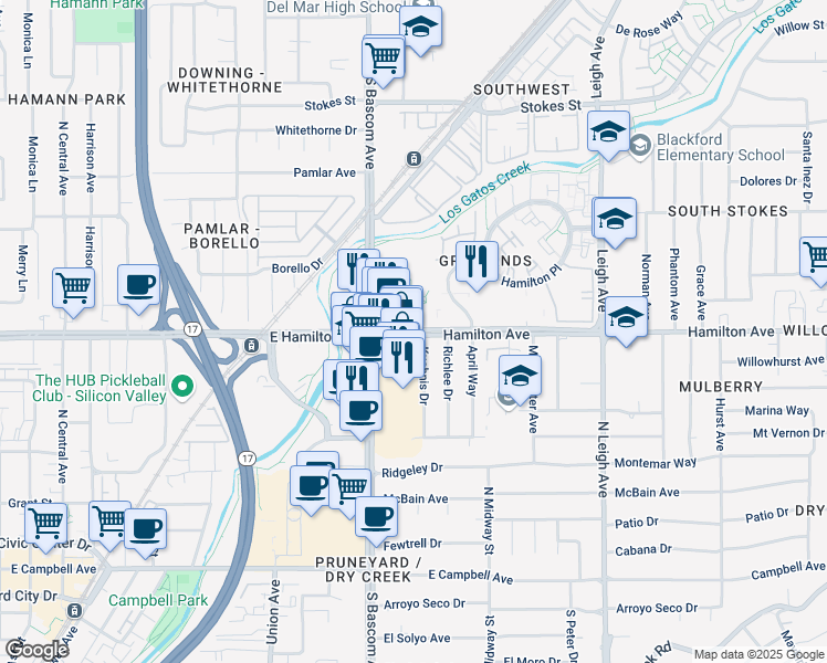 map of restaurants, bars, coffee shops, grocery stores, and more near 2145 Hamilton Avenue in San Jose