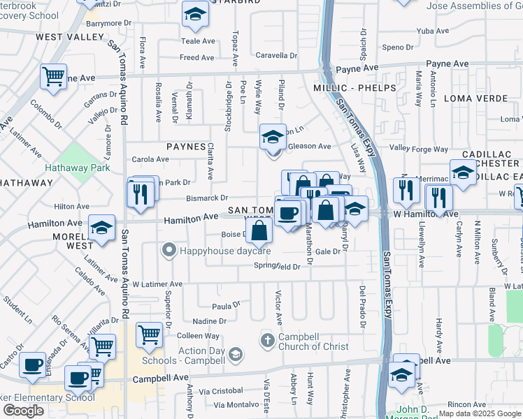 map of restaurants, bars, coffee shops, grocery stores, and more near 1029 West Hamilton Avenue in Campbell