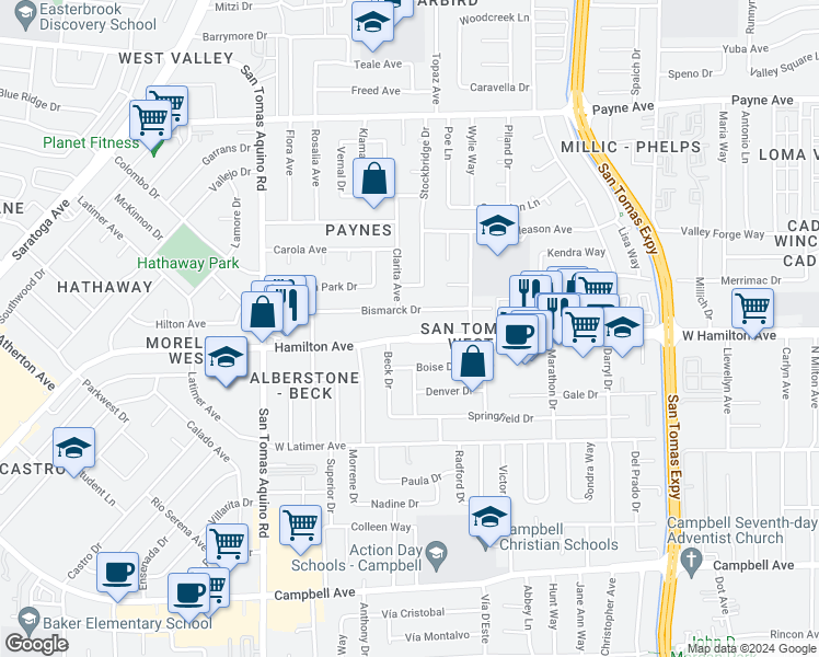 map of restaurants, bars, coffee shops, grocery stores, and more near 3903 Hamilton Avenue in San Jose