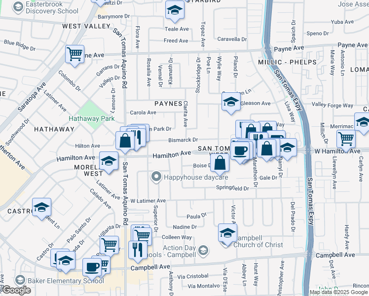 map of restaurants, bars, coffee shops, grocery stores, and more near 3903 Hamilton Avenue in San Jose