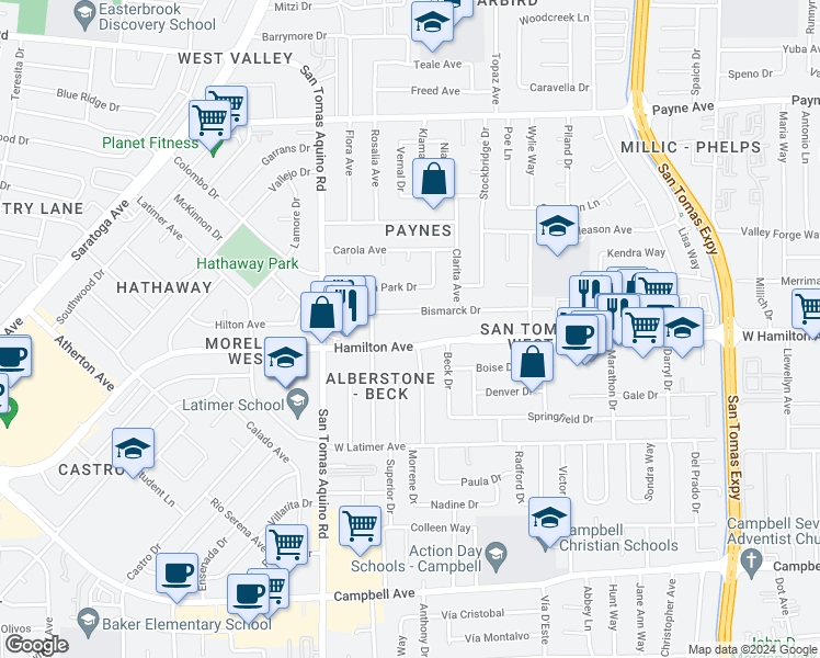 map of restaurants, bars, coffee shops, grocery stores, and more near 3979 Hamilton Avenue in San Jose