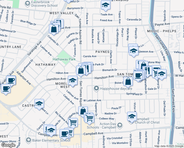 map of restaurants, bars, coffee shops, grocery stores, and more near 4056 Bismarck Drive in San Jose