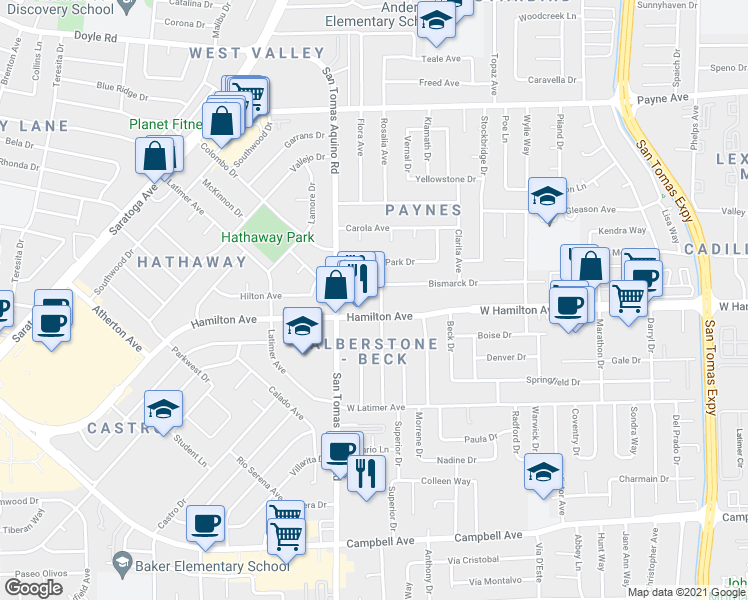 map of restaurants, bars, coffee shops, grocery stores, and more near 4163 Hamilton Avenue in San Jose