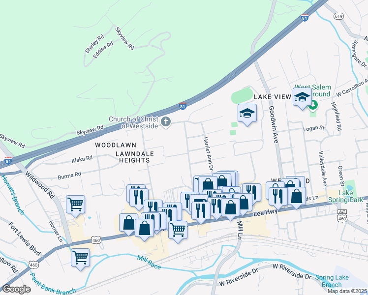 map of restaurants, bars, coffee shops, grocery stores, and more near 501 Poplar Avenue in Salem