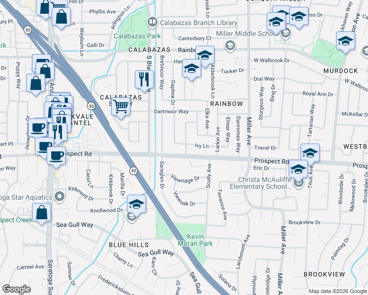map of restaurants, bars, coffee shops, grocery stores, and more near 6610 Ivy Lane in San Jose