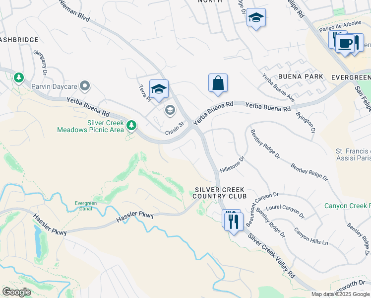 map of restaurants, bars, coffee shops, grocery stores, and more near 4715 Whitetail Lane in San Jose