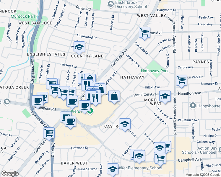 map of restaurants, bars, coffee shops, grocery stores, and more near 4764 Parkwest Drive in San Jose