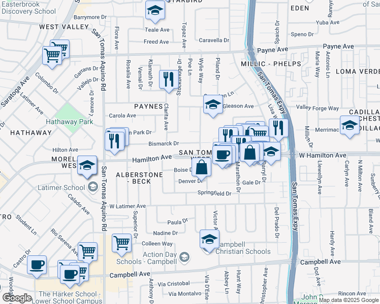 map of restaurants, bars, coffee shops, grocery stores, and more near 1111 West Hamilton Avenue in Campbell