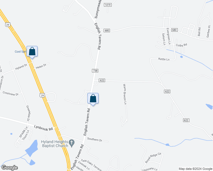 map of restaurants, bars, coffee shops, grocery stores, and more near 3676 Depot Road in Rustburg