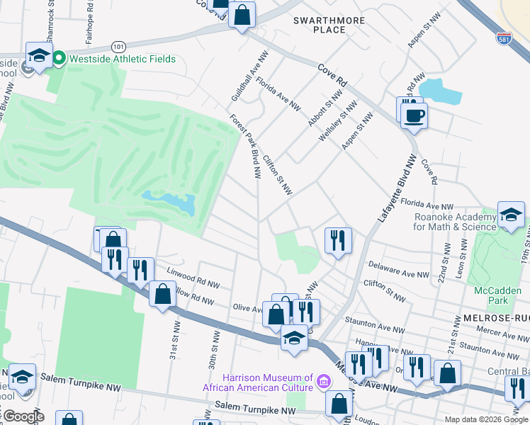 map of restaurants, bars, coffee shops, grocery stores, and more near 1208 Aspen Street Northwest in Roanoke