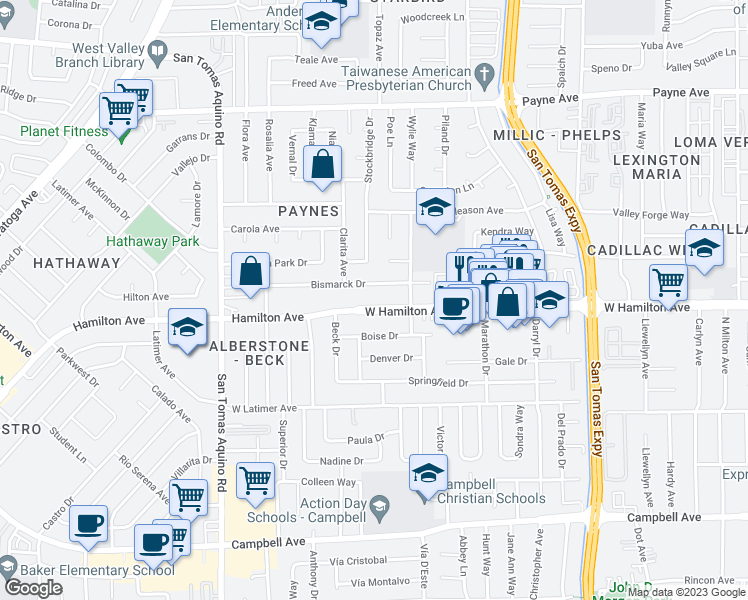 map of restaurants, bars, coffee shops, grocery stores, and more near 1147 West Hamilton Avenue in Campbell