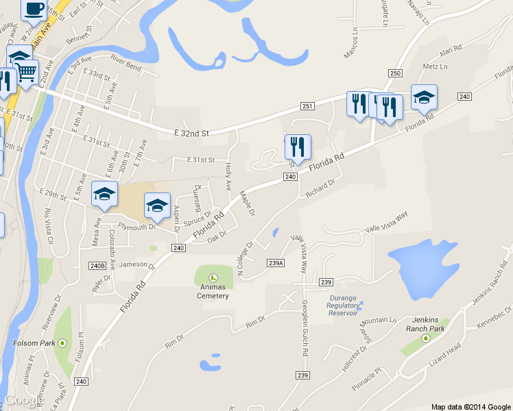 map of restaurants, bars, coffee shops, grocery stores, and more near 18 Maple Drive in Durango