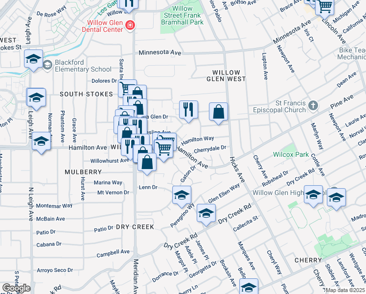 map of restaurants, bars, coffee shops, grocery stores, and more near 1494 Hamilton Way in San Jose