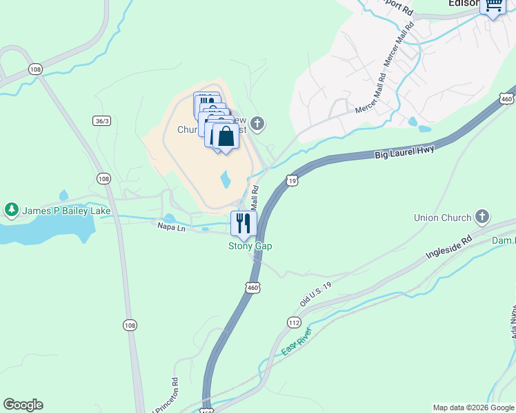 map of restaurants, bars, coffee shops, grocery stores, and more near 368 Mercer Mall Rd in Bluefield