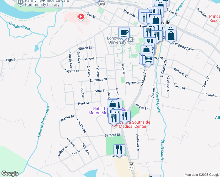 map of restaurants, bars, coffee shops, grocery stores, and more near 615 Griffin Boulevard in Farmville