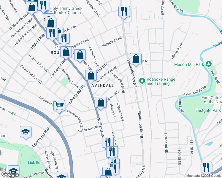 map of restaurants, bars, coffee shops, grocery stores, and more near 173 Laconia Avenue Northeast in Roanoke