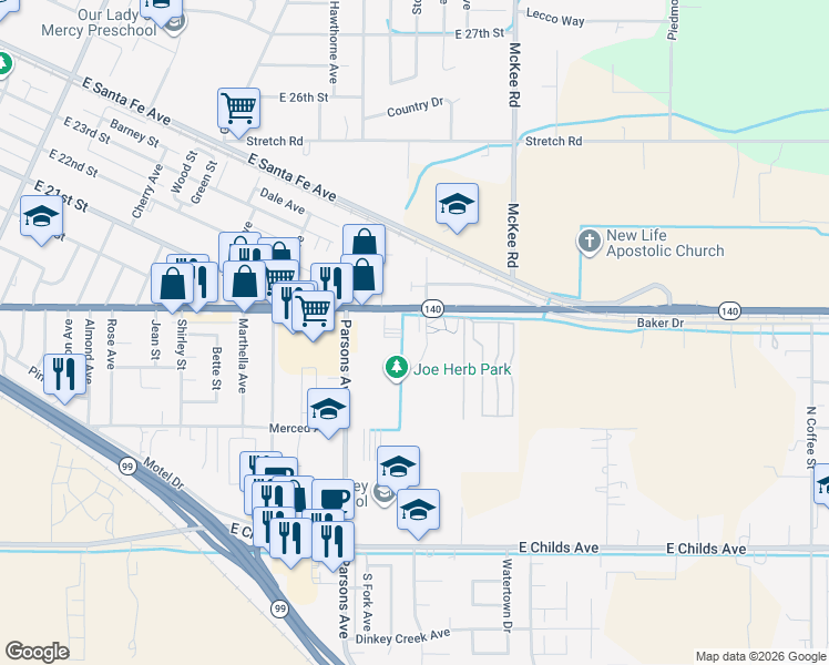 map of restaurants, bars, coffee shops, grocery stores, and more near 2194 Yosemite Parkway in Merced