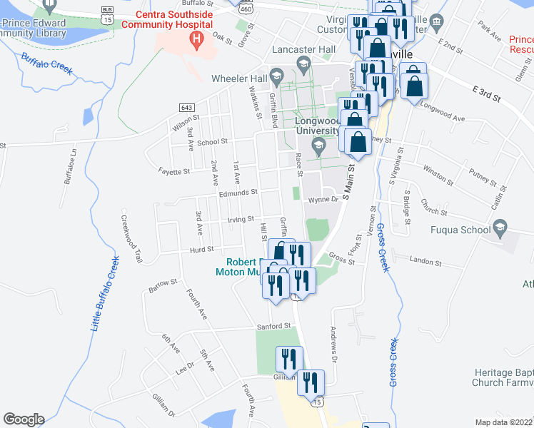 map of restaurants, bars, coffee shops, grocery stores, and more near 615 Griffin Boulevard in Farmville