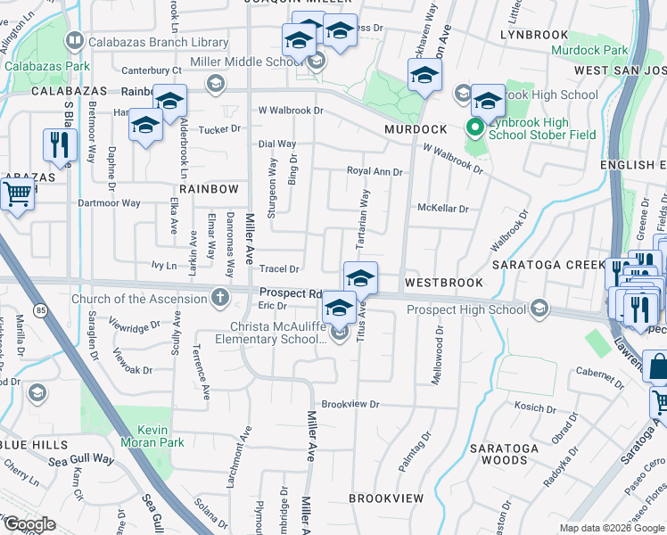 map of restaurants, bars, coffee shops, grocery stores, and more near 1641 Provincetown Drive in San Jose