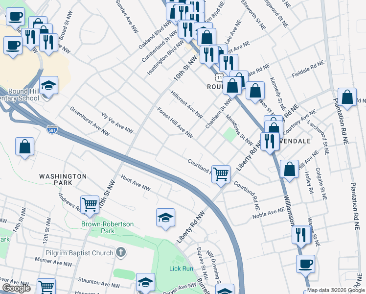 map of restaurants, bars, coffee shops, grocery stores, and more near 2318 Rush St NW in Roanoke
