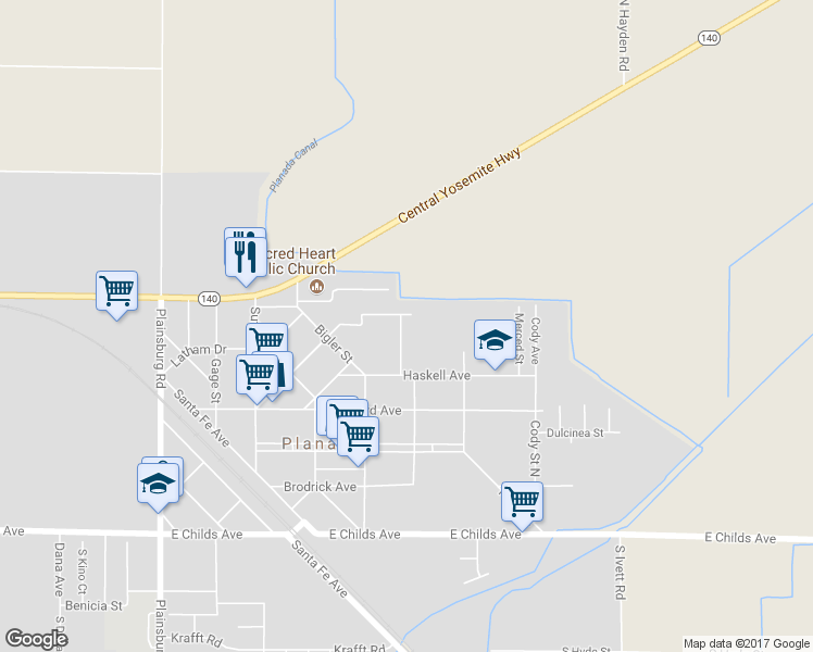 map of restaurants, bars, coffee shops, grocery stores, and more near 456 North Cabrillo Street in Planada