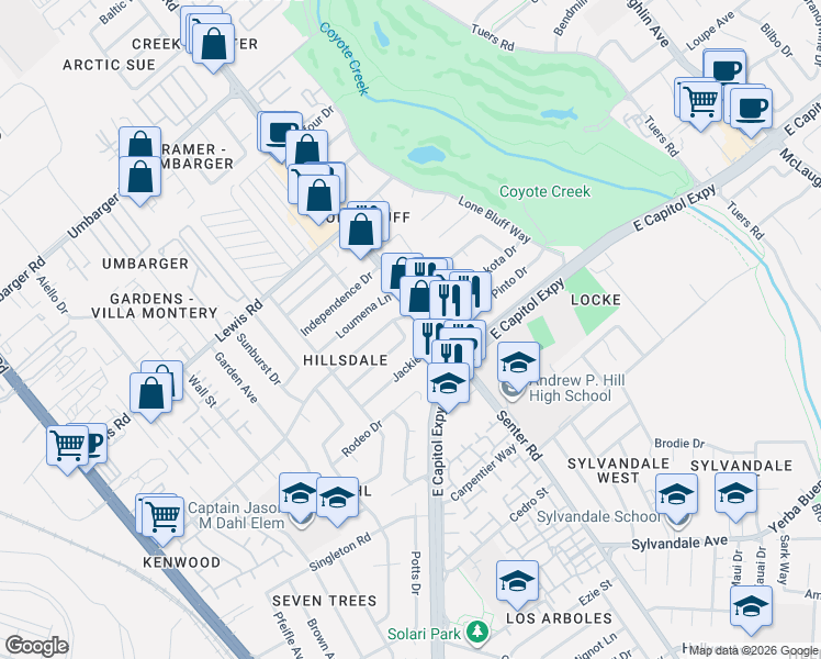map of restaurants, bars, coffee shops, grocery stores, and more near 3076 Ascot Lane in San Jose