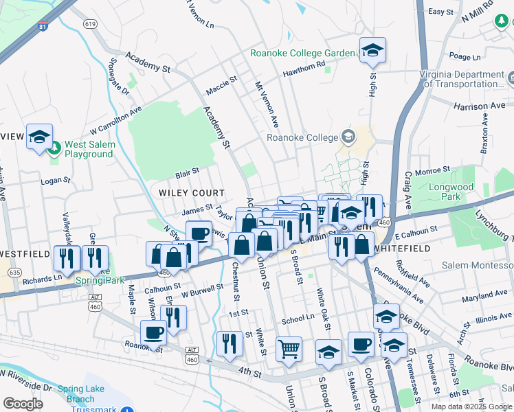 map of restaurants, bars, coffee shops, grocery stores, and more near 212 Academy Street in Salem