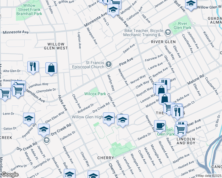 map of restaurants, bars, coffee shops, grocery stores, and more near 1817 Marlyn Way in San Jose