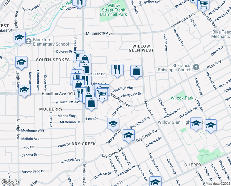map of restaurants, bars, coffee shops, grocery stores, and more near 1494 Hamilton Way in San Jose