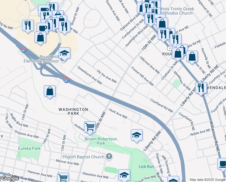 map of restaurants, bars, coffee shops, grocery stores, and more near 2032 10th Street Northwest in Roanoke