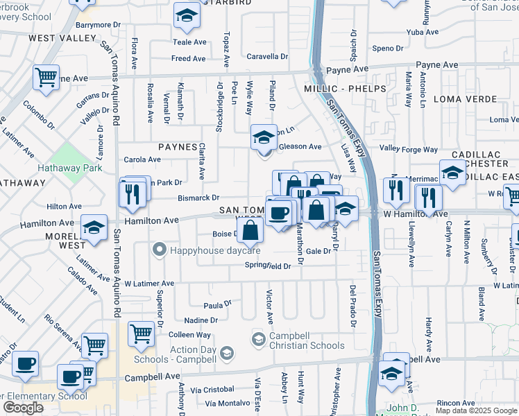 map of restaurants, bars, coffee shops, grocery stores, and more near 1029 West Hamilton Avenue in Campbell