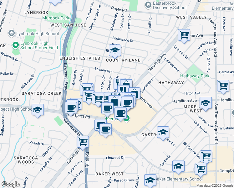 map of restaurants, bars, coffee shops, grocery stores, and more near 1550 Teresita Drive in San Jose