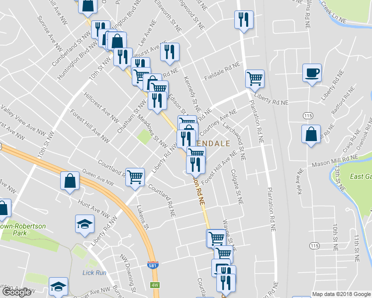 map of restaurants, bars, coffee shops, grocery stores, and more near 7 Courtney Avenue Northeast in Roanoke