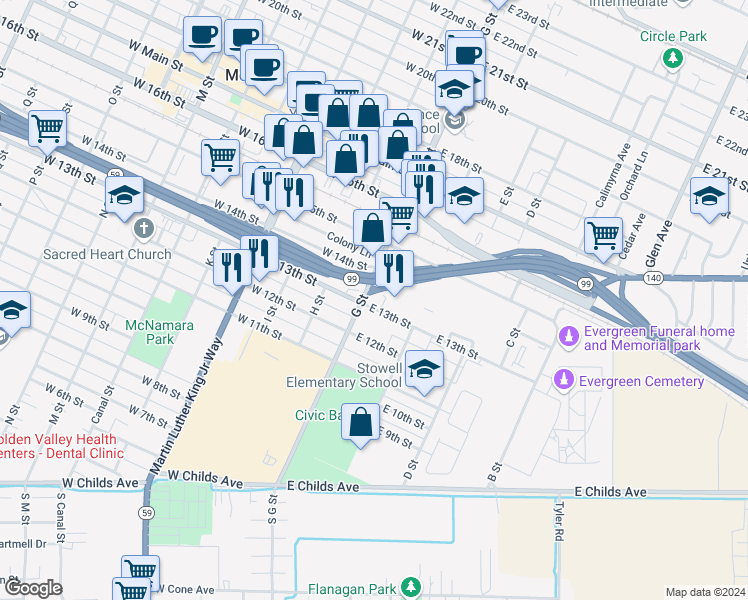 map of restaurants, bars, coffee shops, grocery stores, and more near 1300 G Street in Merced