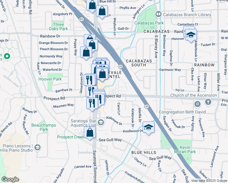 map of restaurants, bars, coffee shops, grocery stores, and more near 7157 Brisbane Court in San Jose
