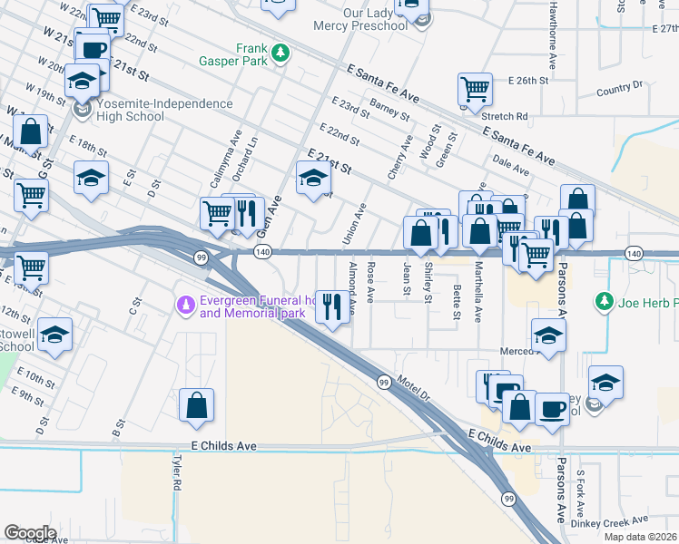 map of restaurants, bars, coffee shops, grocery stores, and more near 1750 Union Avenue in Merced