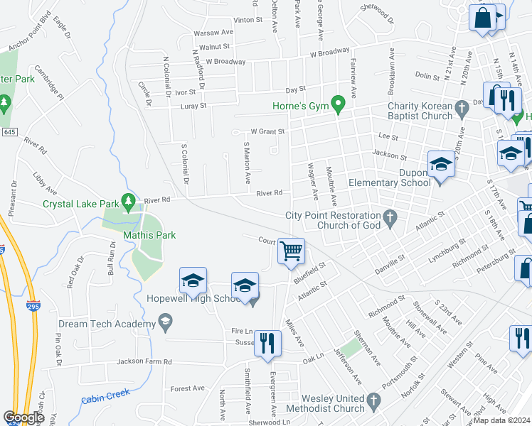 map of restaurants, bars, coffee shops, grocery stores, and more near 3014 Pickett Street in Hopewell