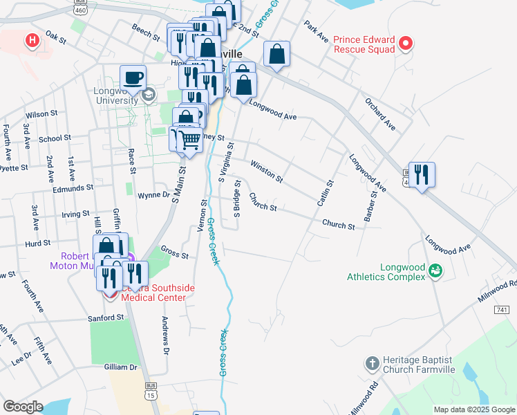 map of restaurants, bars, coffee shops, grocery stores, and more near 417 Church Street in Farmville