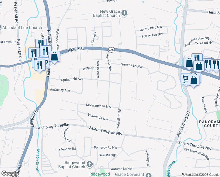 map of restaurants, bars, coffee shops, grocery stores, and more near 811 Peck St NW in Roanoke