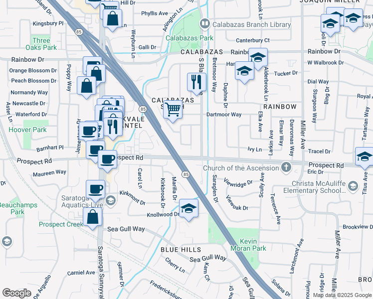 map of restaurants, bars, coffee shops, grocery stores, and more near 1673 McGregor Way in San Jose