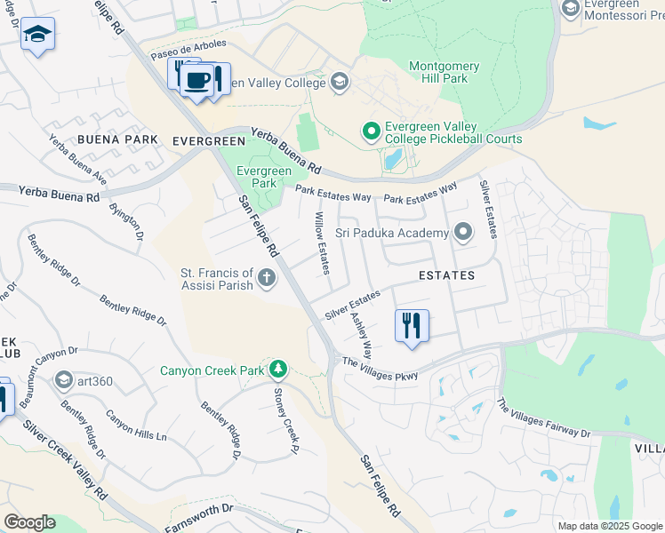 map of restaurants, bars, coffee shops, grocery stores, and more near 5144 Willow Estates in San Jose