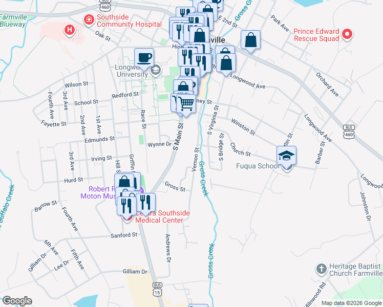 map of restaurants, bars, coffee shops, grocery stores, and more near 511 Vernon Street in Farmville