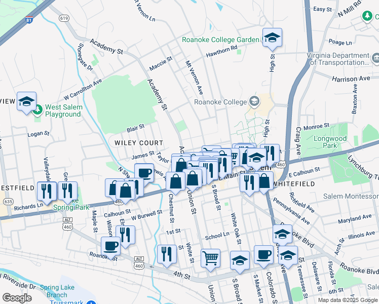 map of restaurants, bars, coffee shops, grocery stores, and more near 212 Academy Street in Salem
