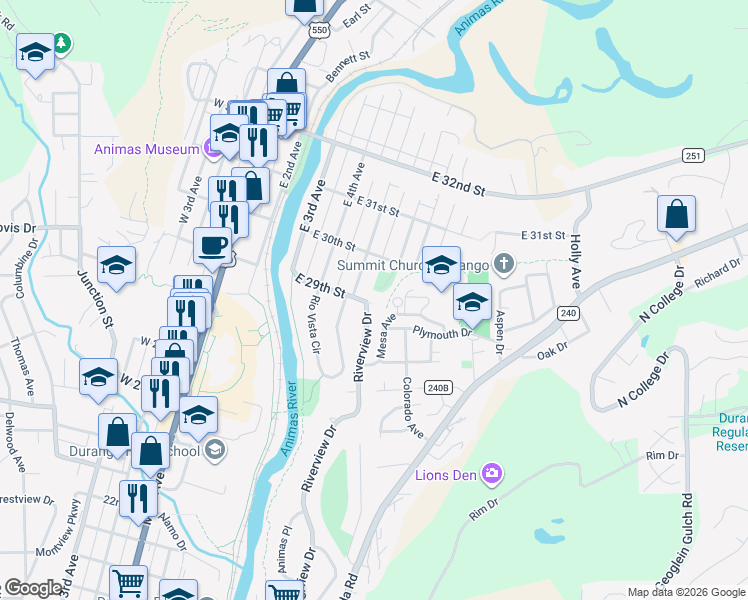 map of restaurants, bars, coffee shops, grocery stores, and more near 242 Riverview Drive in Durango