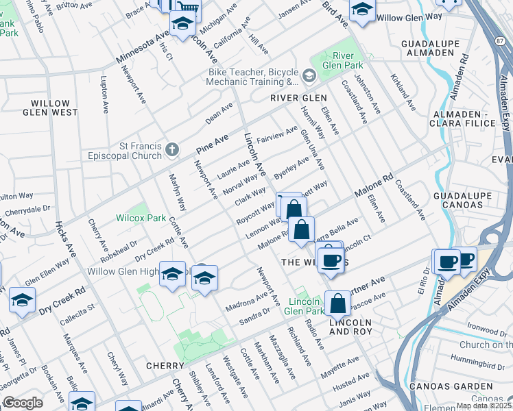 map of restaurants, bars, coffee shops, grocery stores, and more near 1139 Roy Avenue in San Jose