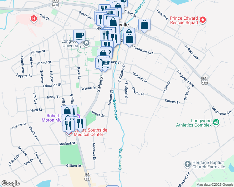 map of restaurants, bars, coffee shops, grocery stores, and more near 507 South Virginia Street in Farmville