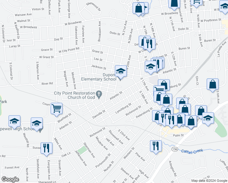 map of restaurants, bars, coffee shops, grocery stores, and more near 2101 Pickett Street in Hopewell