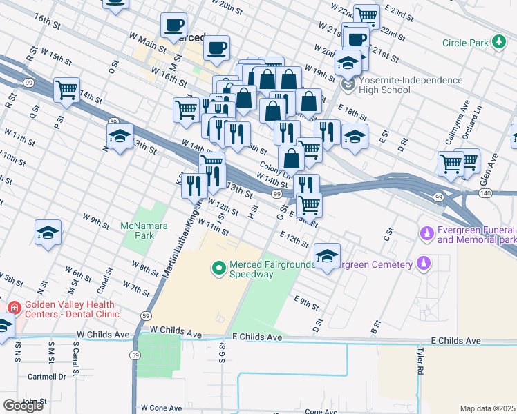 map of restaurants, bars, coffee shops, grocery stores, and more near 1250 H Street in Merced